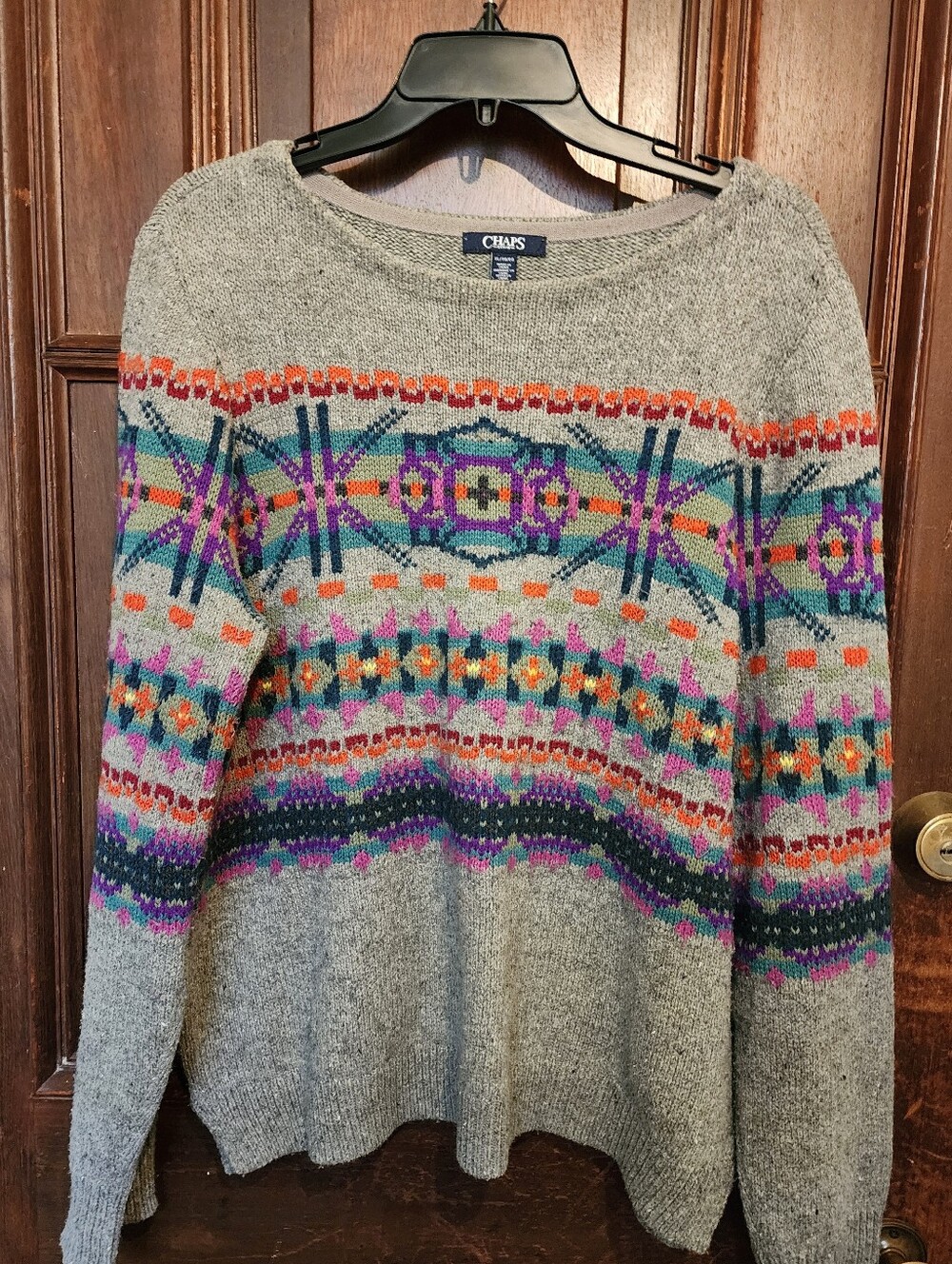 Chaps Gray Crewneck Sweater with Multicolor Fair Isle Pattern